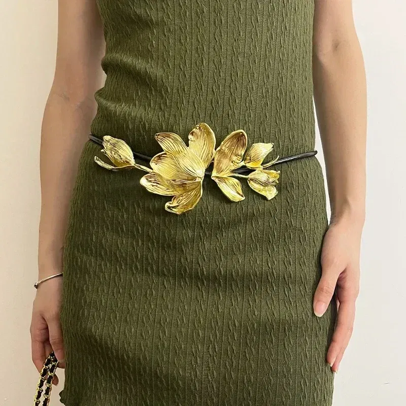 Color: Silver - Women Luxury Fashion Design Metal Tulip Flower Waistband Chain Skirt Pants Dress Jeans Coat Shirt Clothes Decoration Black Belt