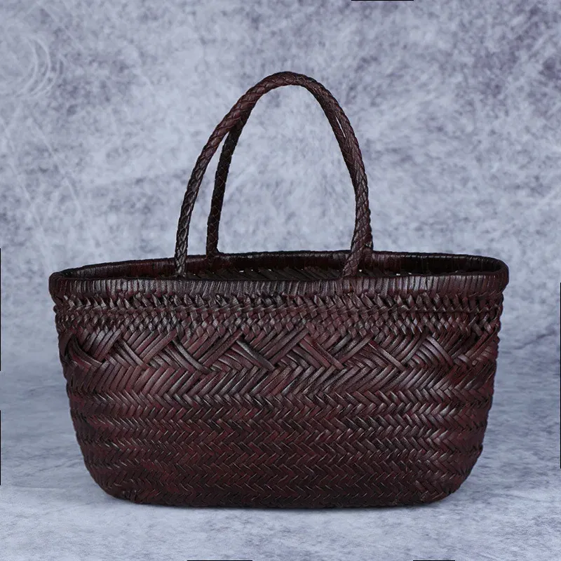 Designer woven totes bag women genuine leather cowskin knitting basket handbag female hollow out bucket bag 2025 summer new