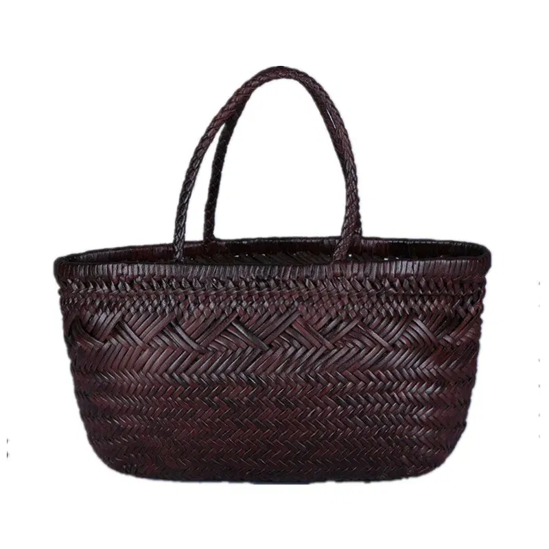 Designer woven totes bag women genuine leather cowskin knitting basket handbag female hollow out bucket bag 2025 summer new