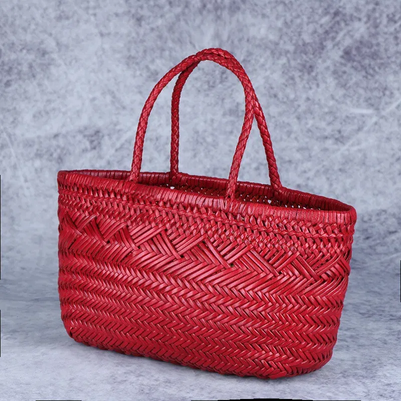 Designer woven totes bag women genuine leather cowskin knitting basket handbag female hollow out bucket bag 2025 summer new