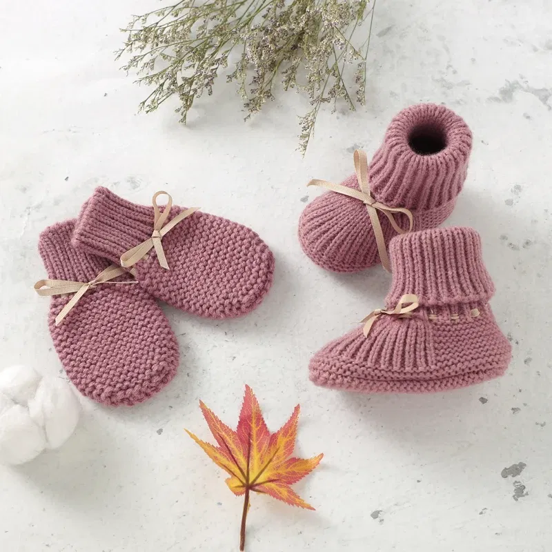 Color: Gold, Baby Age: 7-12 Months - Baby Shoes + Gloves Set Knit Newborn Girls Boys Boots Mitten Fashion Butterfly-knot Toddler Infant Slip-On Bed Shoes Hand Made