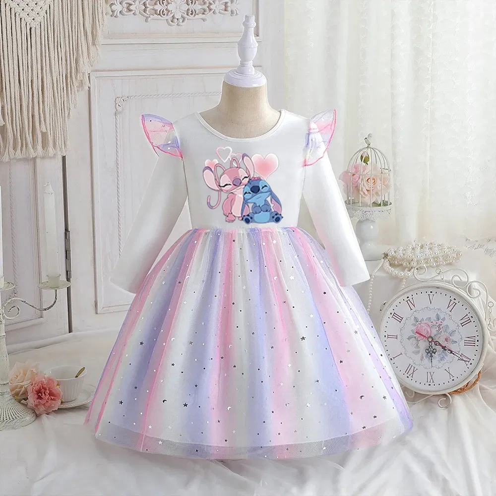 Color: Pink, Kid Size: 7 - Stitch Princess Dress Autumn New Disney Baby Girls Dress Spring Autumn Long-sleeved For Children Kids Clothes Birthday Party
