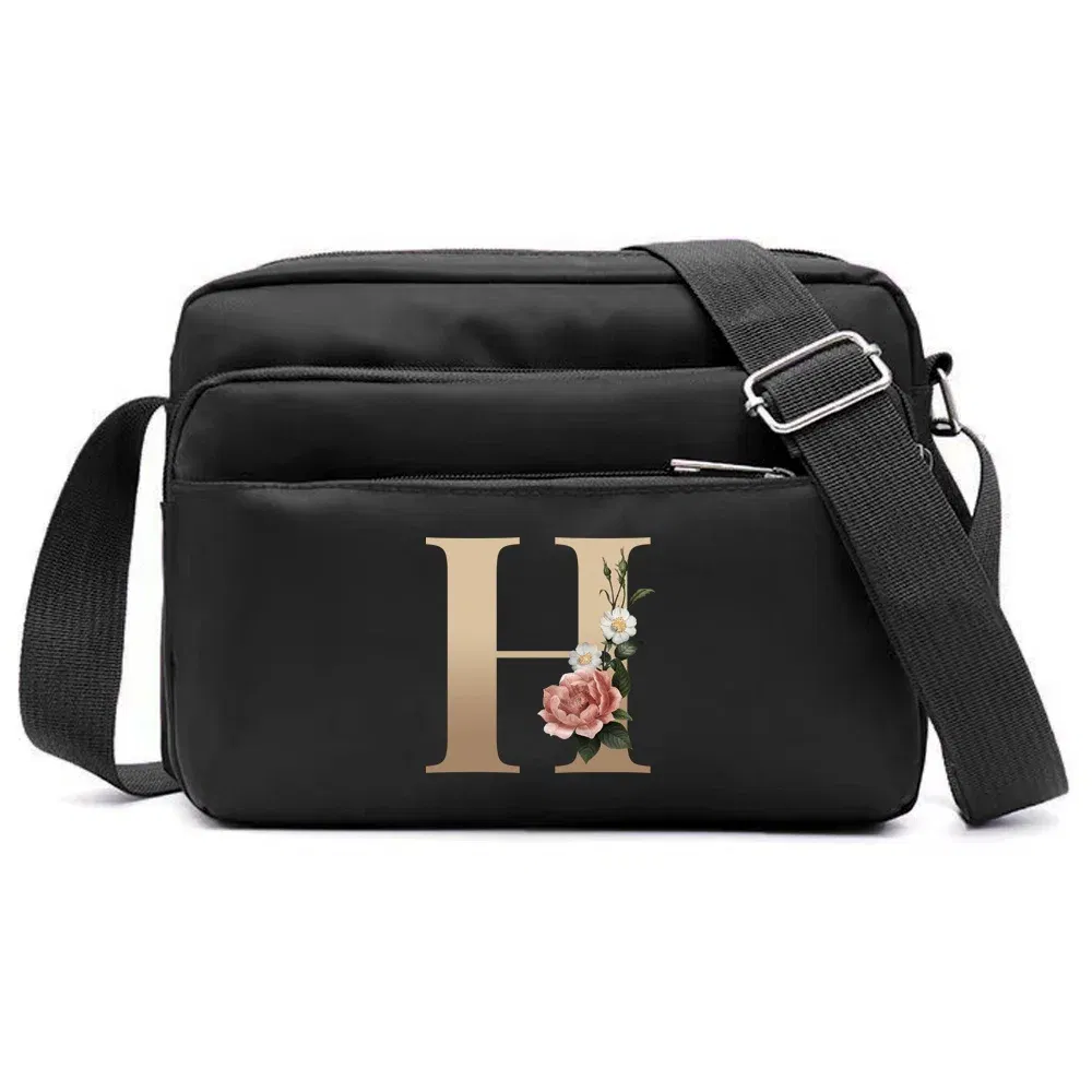 Color: Dark Grey - New Fashion Multi-layer Travel Leisure Simple Storage Bag Black Gold Letter Series Printing Pattern One Shoulder Crossbody Bag