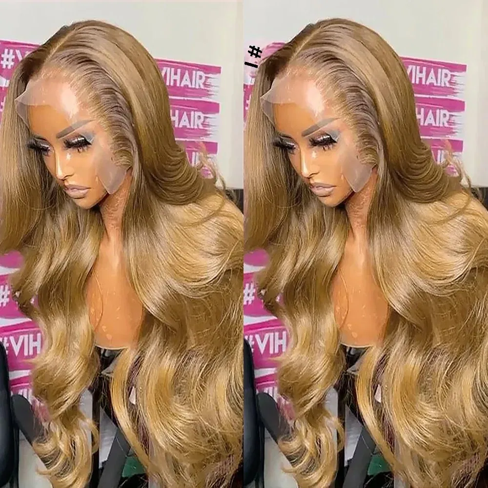 13x6 HD Honey Blonde Body Wave Lace Front Wig for Women Pre-Plucked Transparent Lace Frontal Colored #27 Human Hair Wig on Sale