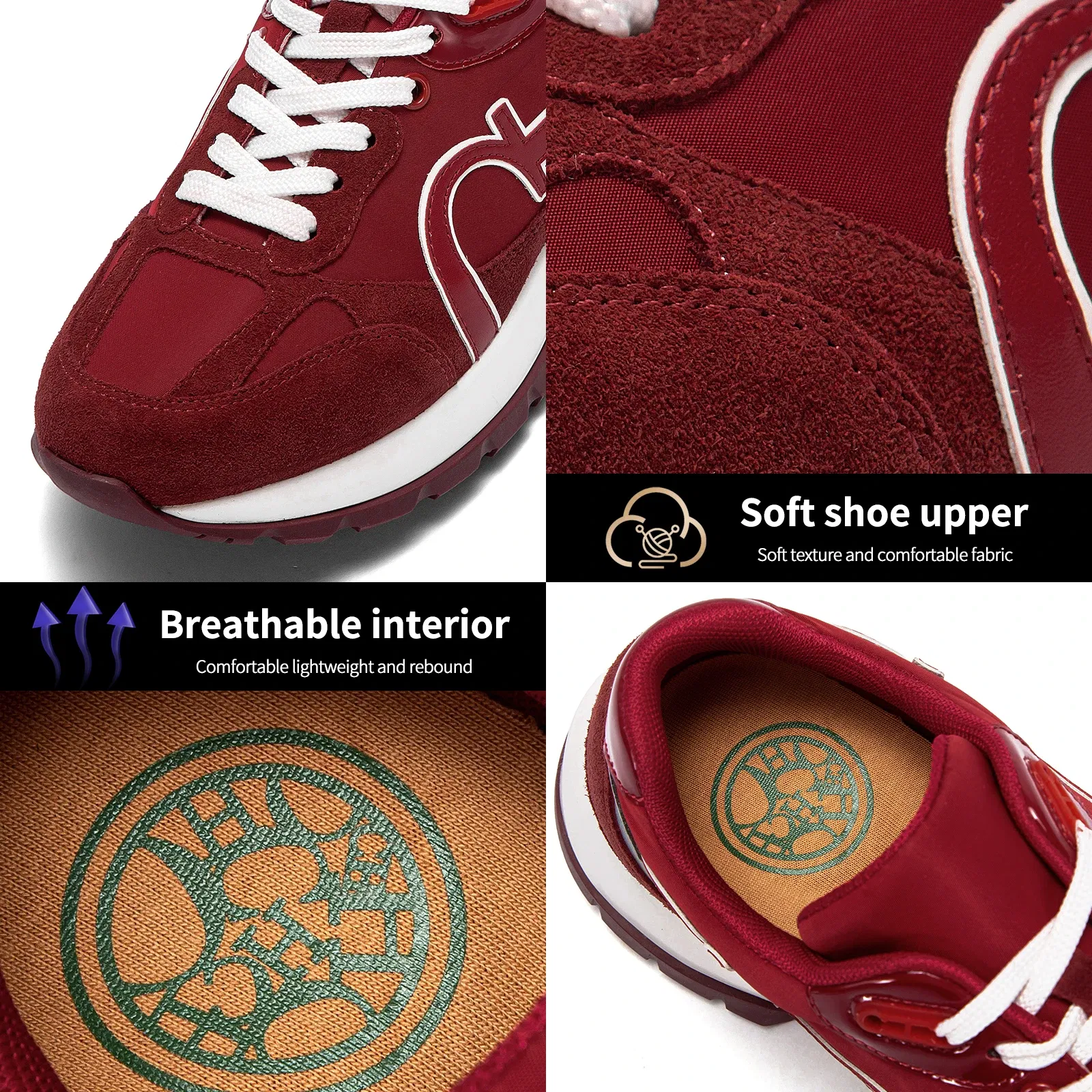 CHCH Women's Casual Shoes 2024 New Wine Red Retro Cow Leather Splicing Design Walking Shoes Skeleton Correction