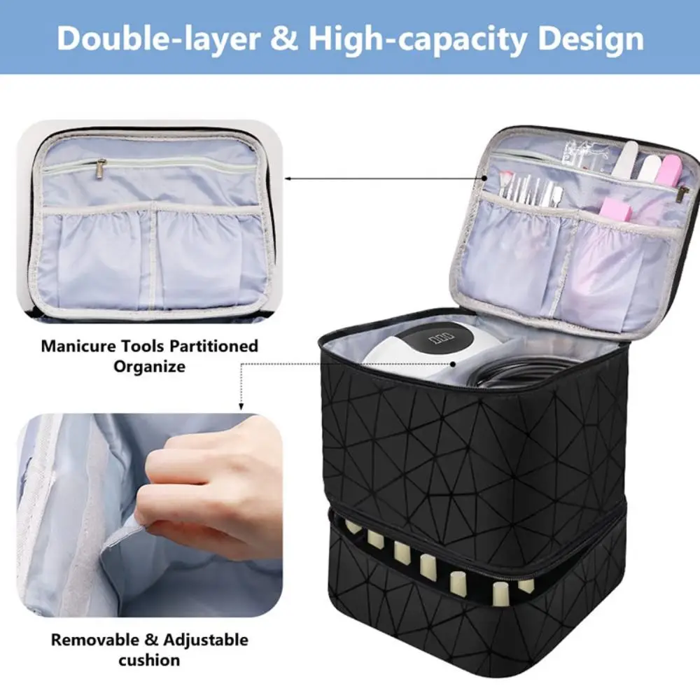 Color: Brown - 30 Grids Nail Organizer Makeup Bag Cosmetic Manicure Case Professional Double Layer Design Nail Polish Gel Handbag with Handle