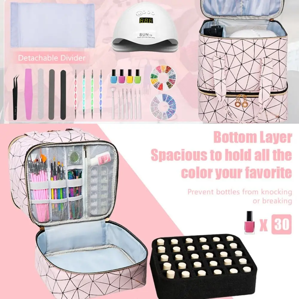 Color: Brown - 30 Grids Nail Organizer Makeup Bag Cosmetic Manicure Case Professional Double Layer Design Nail Polish Gel Handbag with Handle