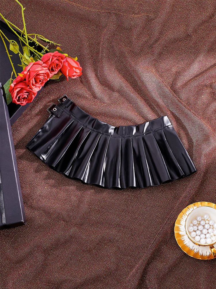 Color: black, Size: S, Ships From: CHINA - Sexy PU Leather Pleated Skirt Women Solid Basic Mini Skirt Low Waist Skirt Female Nightwear Micro Bikini Skirts Nightclub Skirts