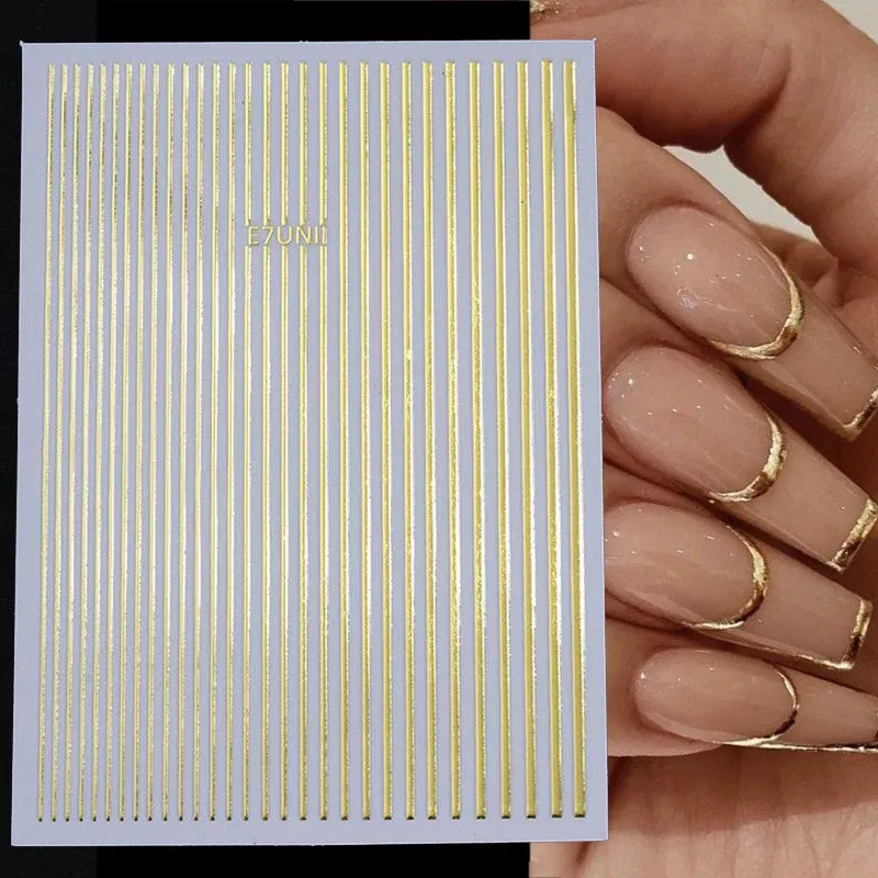 White French 3D Nail Stickers Manicure Gradient Line Flower Nail Art Designs Self-Adhesive Nail Tips Guides for DIY Decoration