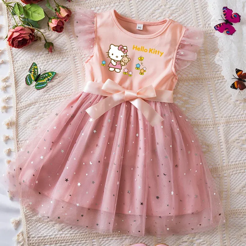 Color: Blue, Kid Size: 9 - Hello Kitty Girls Sequin Tutu Dress with Bow Flutter Sleeves Summer Princess Party Outfit for Toddler Kids 2-6 Years