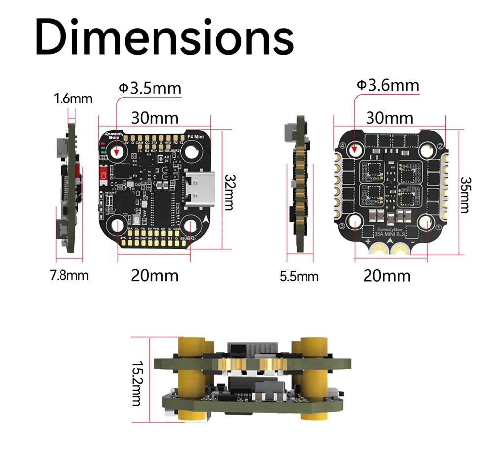Color: Yellow - SpeedyBee F405 Mini Stack Flight Controller FC BLS 35A V2 3-6S 20x20 4-in-1 ESC Dual BECs for RC FPV Racing Drone
