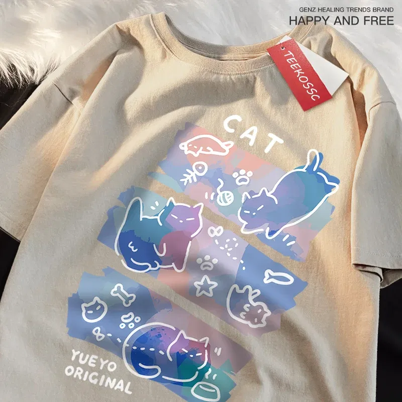 Color: green, Size: S - Fun Mischievous Cat Print Japanese Style T-Shirts Men Women Fashion Tshirs Breathable Summer T-Shirts Cotton Loose Tee Clothes