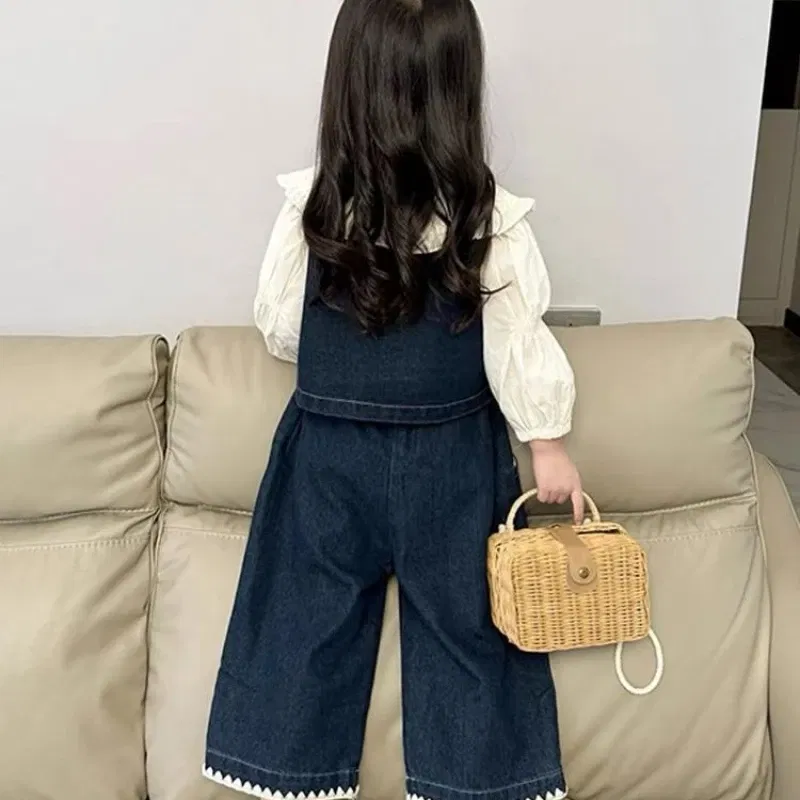 Color: Beige, Kid Size: 8T - Children's Sets 2025 Fall Girls' Denim Vest Set Stylish Shirt + Suspenders Outfit Trendy Toddler 2-Piece Jacket Ensemble