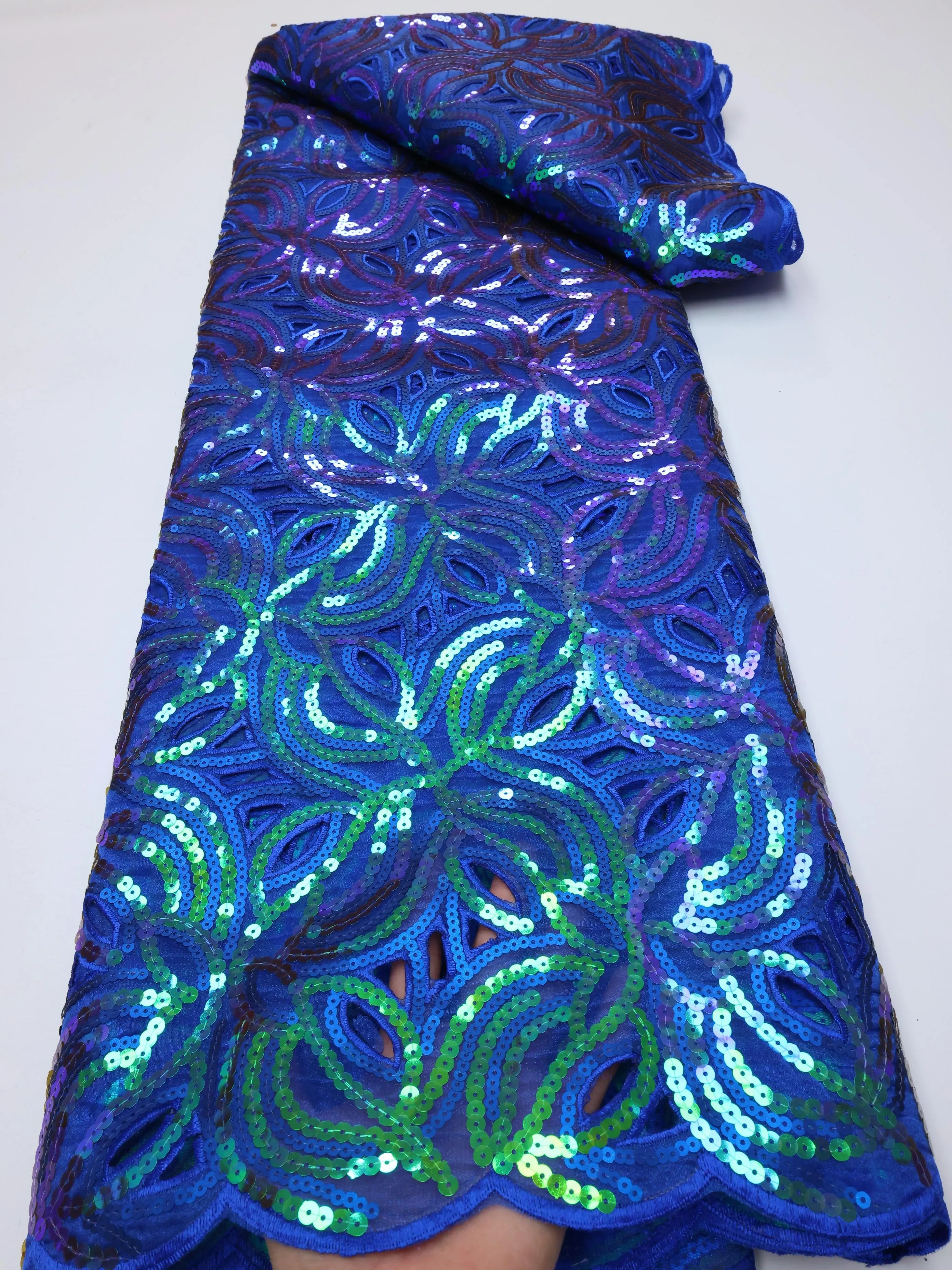 Color: Blue, length: 5 yards, Width: 120cm - 2025 High grade African Organza Cutout Lace Clean Holed Sequins Voile Fine Textured Nigerian Fabric For Occasions Celebrants