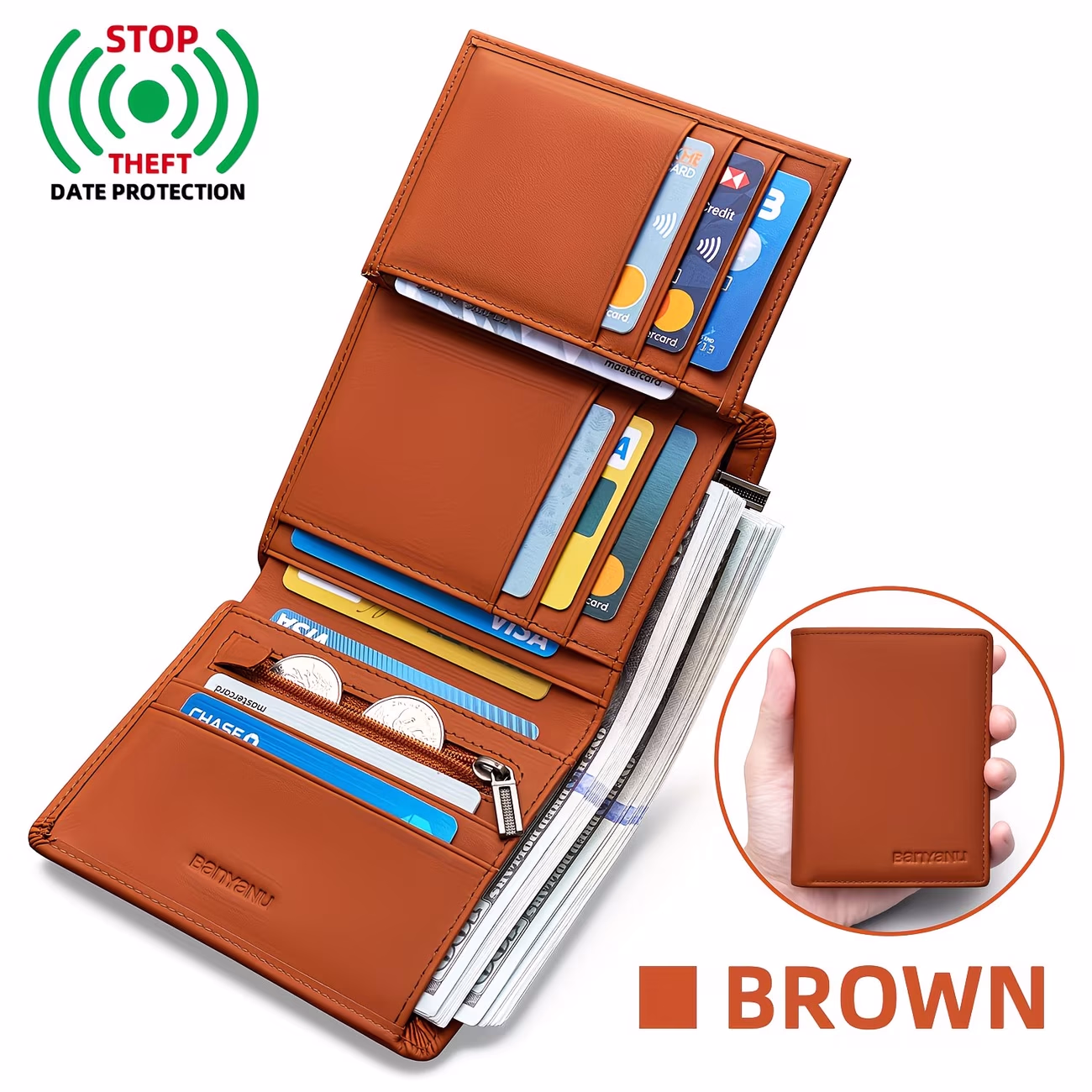 BANYANU Genuine Leather Three-Fold Wallet for Men 13 Card Slots with Anti-Theft Feature
