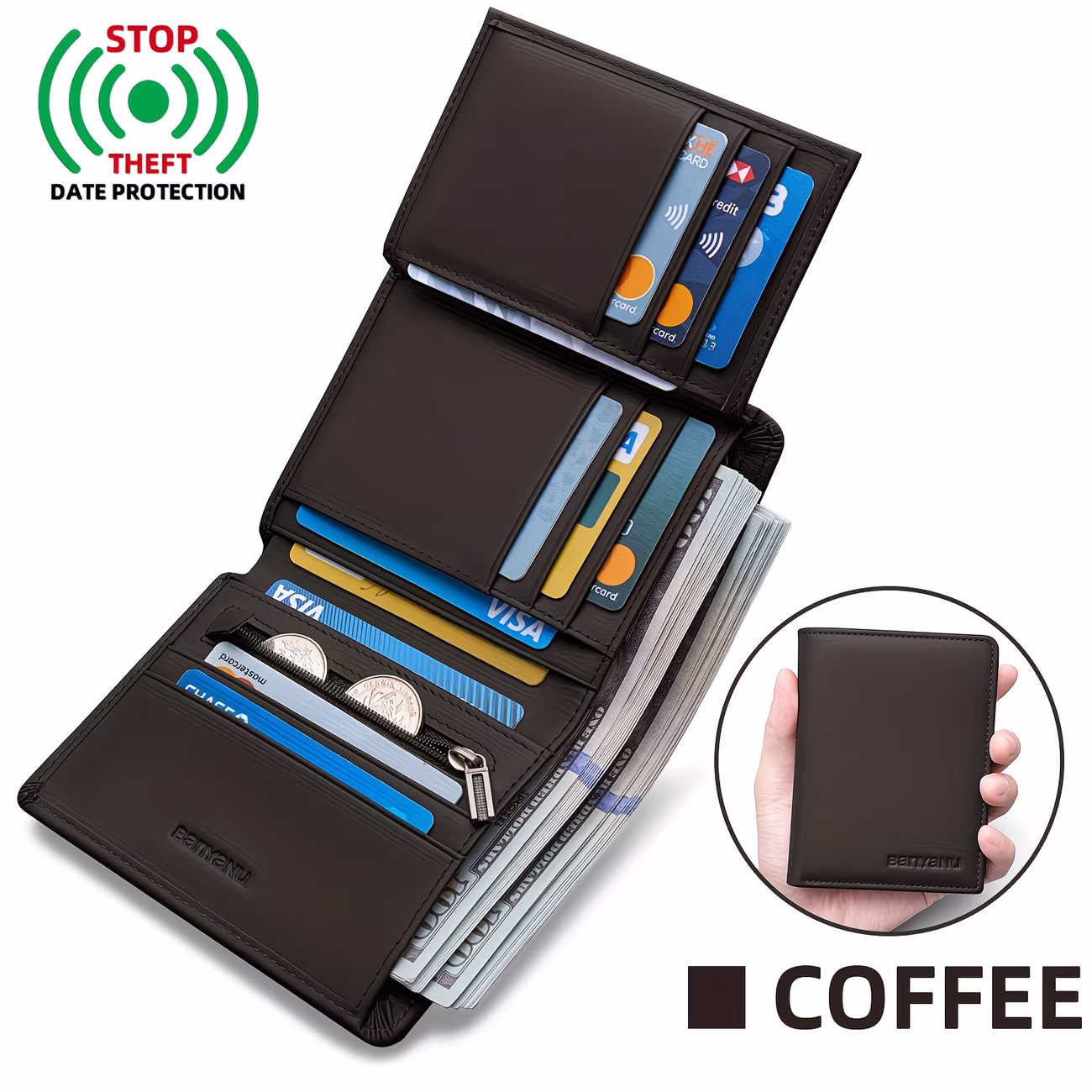 BANYANU Genuine Leather Three-Fold Wallet for Men 13 Card Slots with Anti-Theft Feature