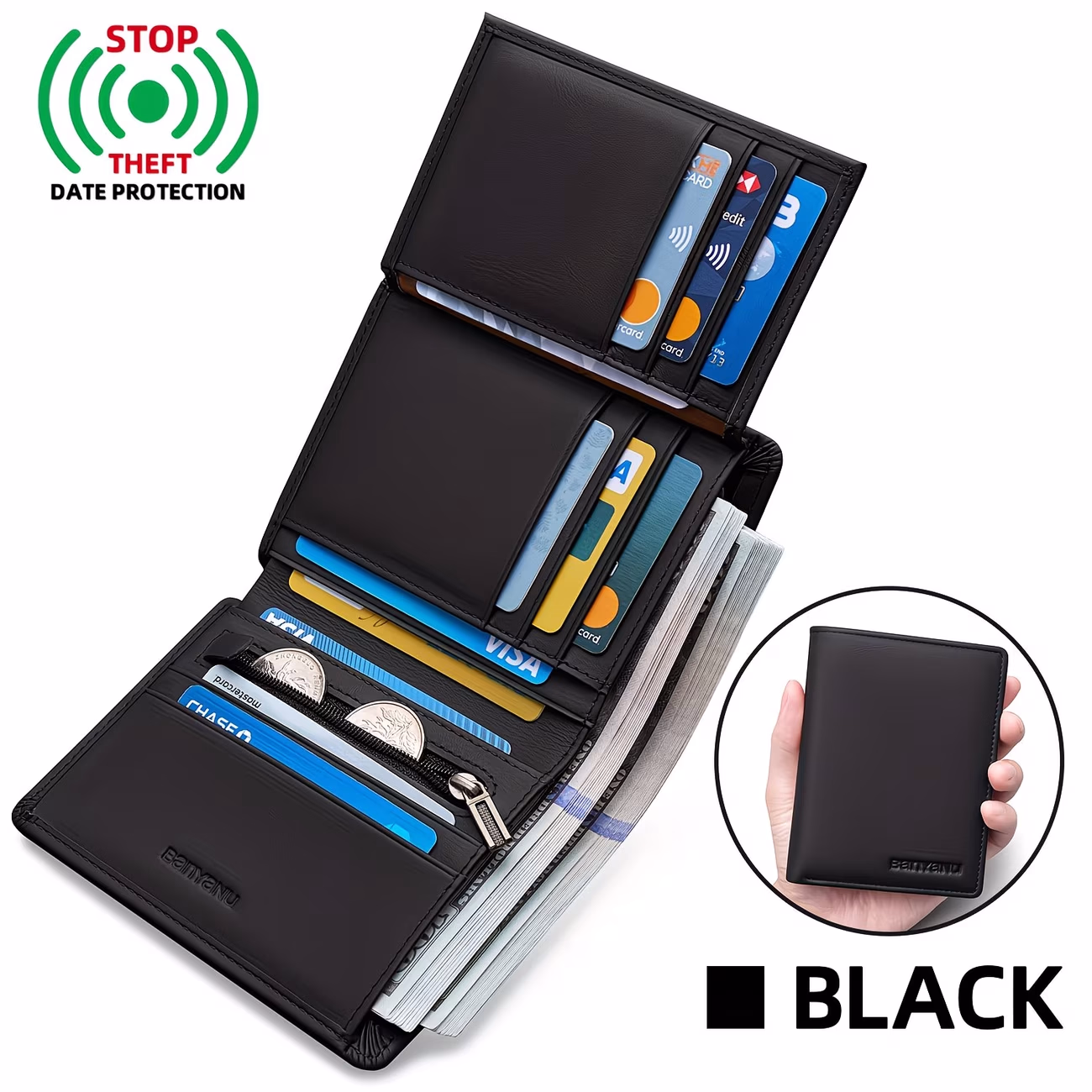 BANYANU Genuine Leather Three-Fold Wallet for Men 13 Card Slots with Anti-Theft Feature