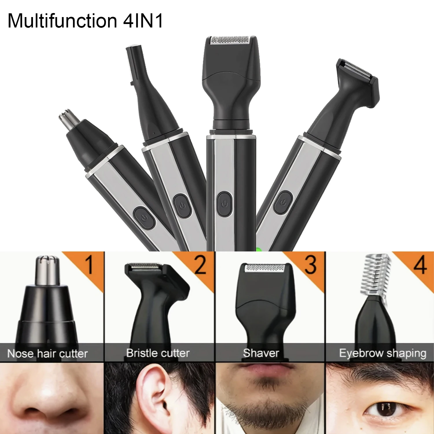 Color: Silver - Man Beard Shaver Sideburns Trimmer Nose Hair Trimmer Eyebrow Razor 4IN1 Grooming kit Rechargeable Lithium Battery