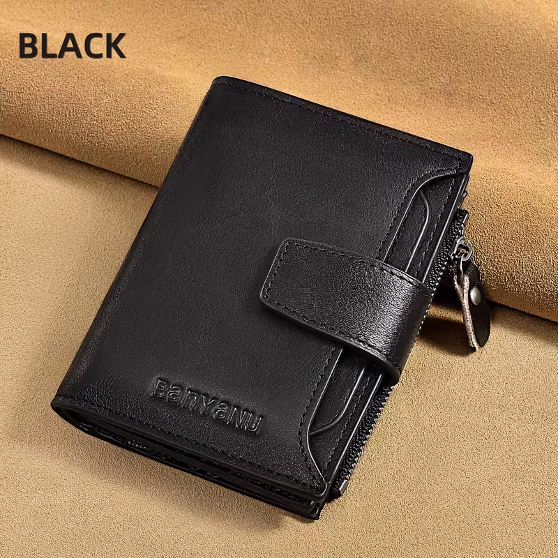 BANYANU Vintage Leather Men’s RFID-Blocking Wallet with 12 Card Slots and Zipper Coin Pocket.