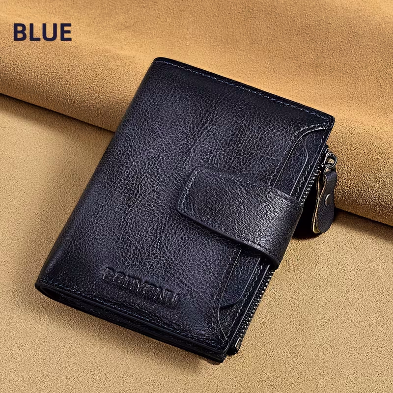 BANYANU Vintage Leather Men’s RFID-Blocking Wallet with 12 Card Slots and Zipper Coin Pocket.