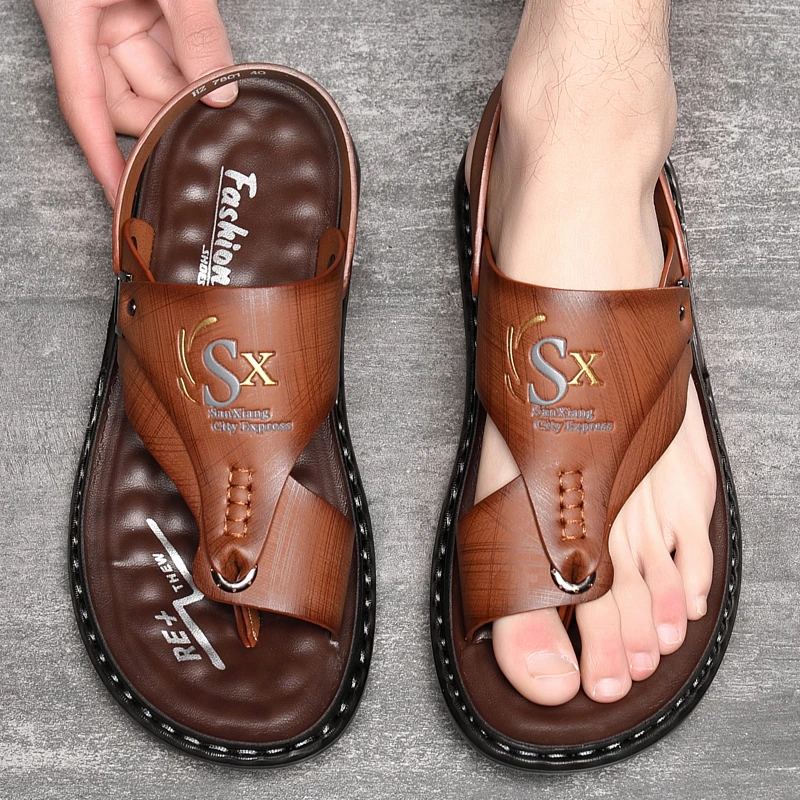 Color: Dark Khaki, Shoe Size: 46 - Outdoor Summer Men's Sandals Summer  Office  Shoes Non-Slip Mens Casual Sandalis Black