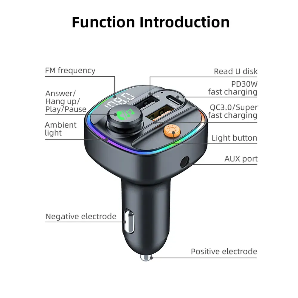 Color Name: black, Ships From: CHINA - Bluetooth 5.3 FM Transmitter Handsfree Car AUX Radio Modulator MP3 Player with 22.5W & PD30W Fast Charge Adapter Car Accessories