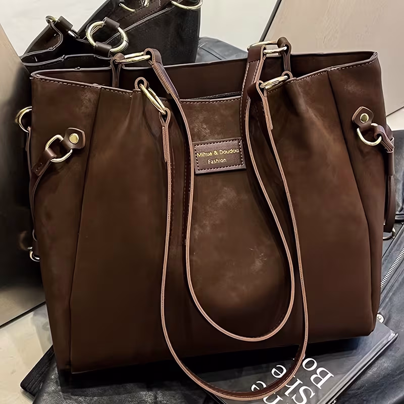 PERFECT LILY Faux Suede Velvet New Retro Style Solid Color Women'S Fashion Tassel Decorated Tote Bag