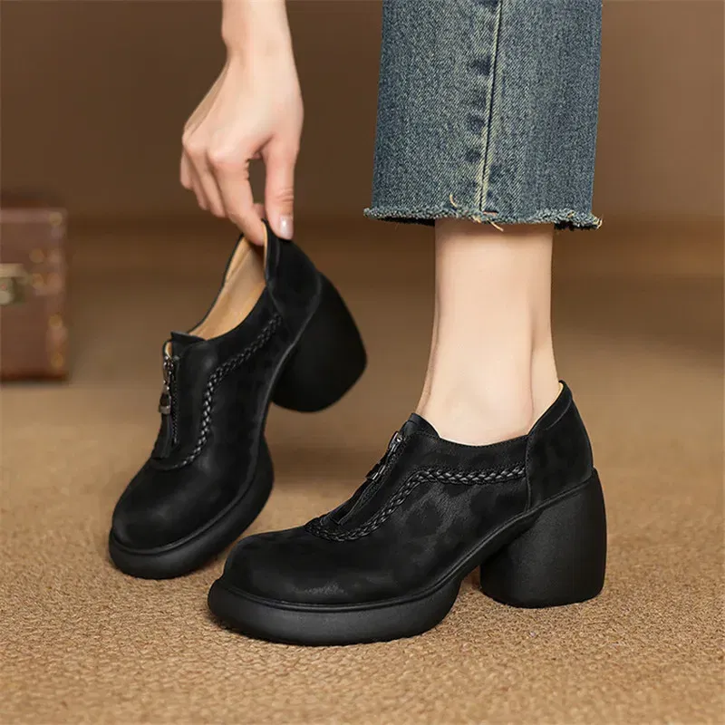 Leopard Print Sheep Leather Woman Shoes Round Toe High Heel Women Pumps Shoes for Women Fashion Platform Loafers