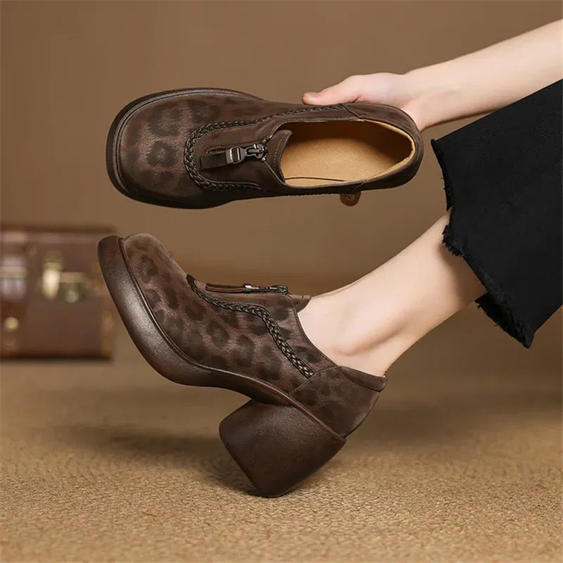 Leopard Print Sheep Leather Woman Shoes Round Toe High Heel Women Pumps Shoes for Women Fashion Platform Loafers