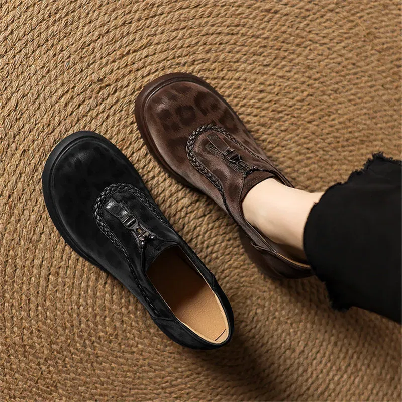 Leopard Print Sheep Leather Woman Shoes Round Toe High Heel Women Pumps Shoes for Women Fashion Platform Loafers