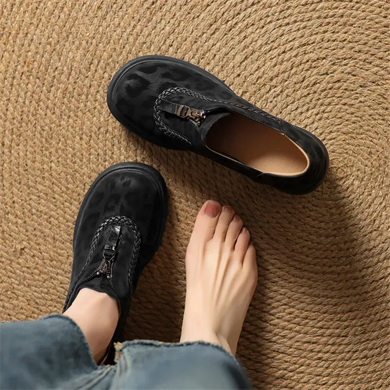 Leopard Print Sheep Leather Woman Shoes Round Toe High Heel Women Pumps Shoes for Women Fashion Platform Loafers