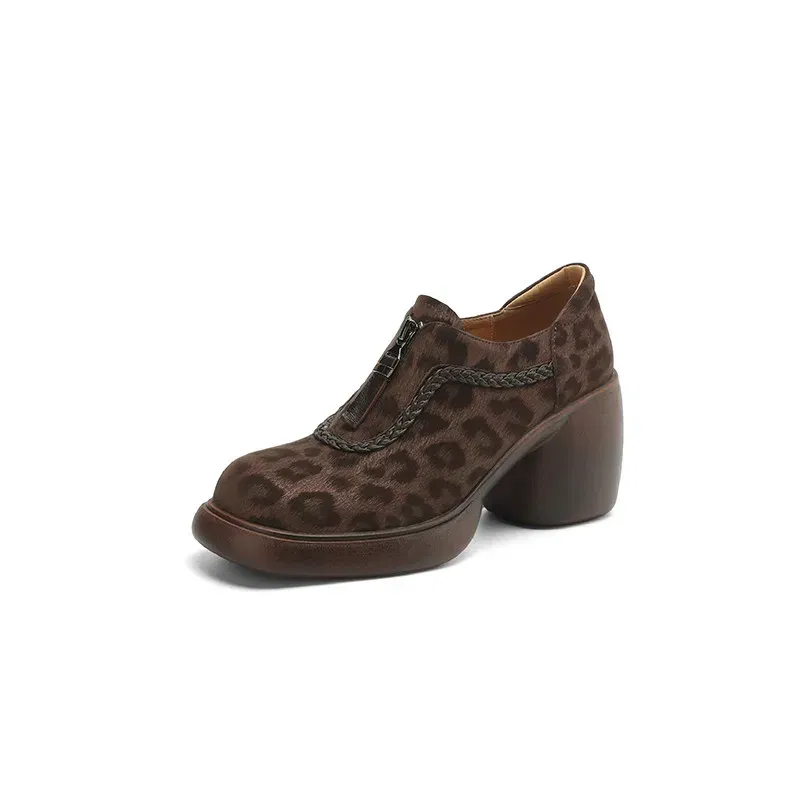 Leopard Print Sheep Leather Woman Shoes Round Toe High Heel Women Pumps Shoes for Women Fashion Platform Loafers