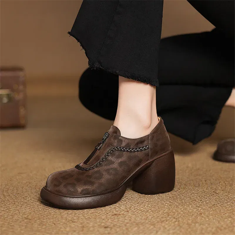 Leopard Print Sheep Leather Woman Shoes Round Toe High Heel Women Pumps Shoes for Women Fashion Platform Loafers