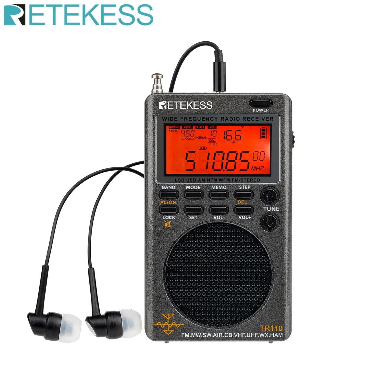 Retekess TR110 Radio FM Receiver Portable Shortwave Radios AM FM All Waves Band CB AIR Band Ham Radio SW MW LSB VHF UHF
