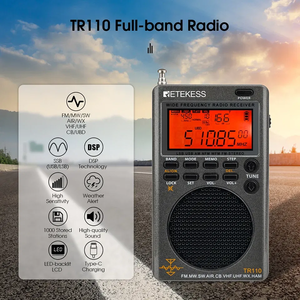 Retekess TR110 Radio FM Receiver Portable Shortwave Radios AM FM All Waves Band CB AIR Band Ham Radio SW MW LSB VHF UHF