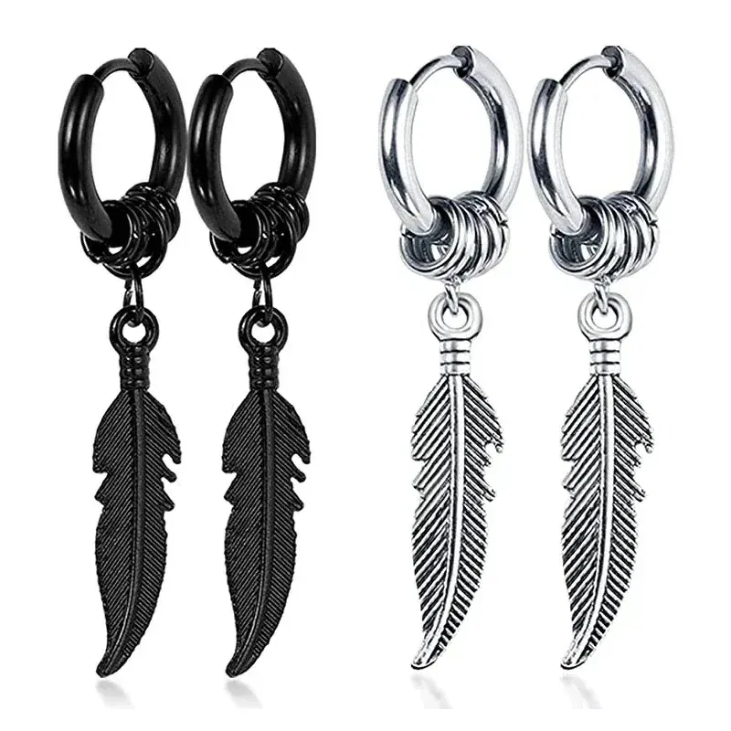 Metal Color: multi - 2pcs Fashion Cross Feather Stud Earrings, Punk Rock Style For Women Men High Quality Stainless Steel Hiphop Ear Jewelry