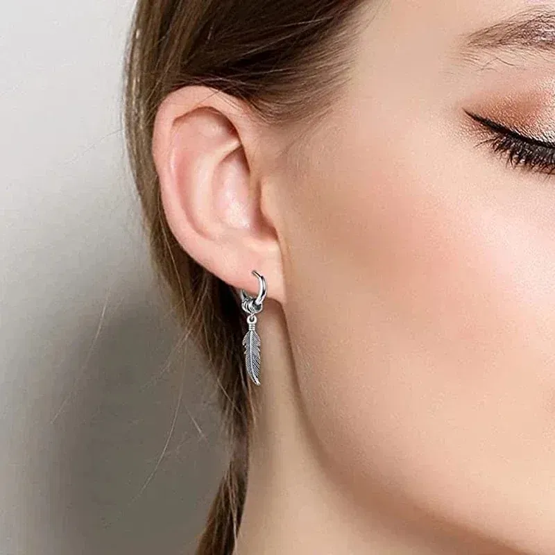 Metal Color: multi - 2pcs Fashion Cross Feather Stud Earrings, Punk Rock Style For Women Men High Quality Stainless Steel Hiphop Ear Jewelry