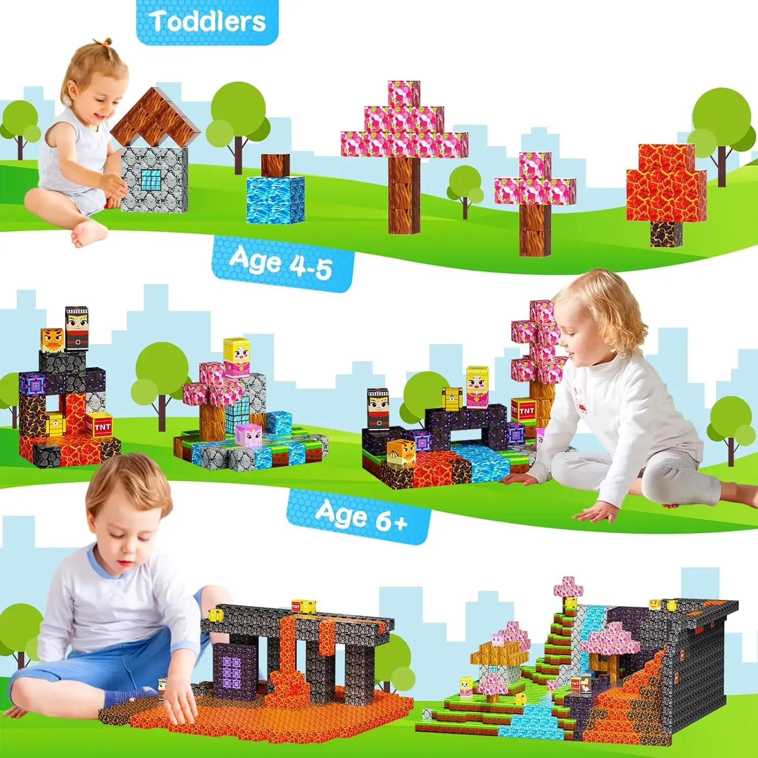 Magnetic Building Blocks Mine World Magnet Cube Set STEM Montessori Sensory Toy for Kids Boys Girls Ages 3+ DIY Model Children