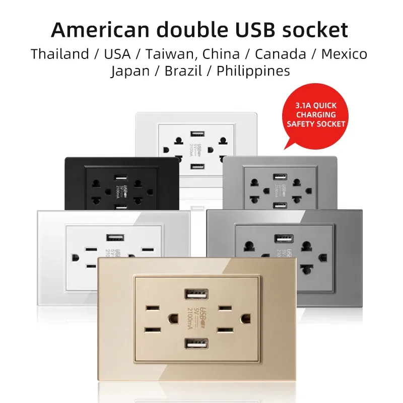 110-250V Herepow 118 Series Thailand American Standard Dual USB Wall Socket Smart Home Appliance Plug Adapter Type-c 3.1A Fast Charging