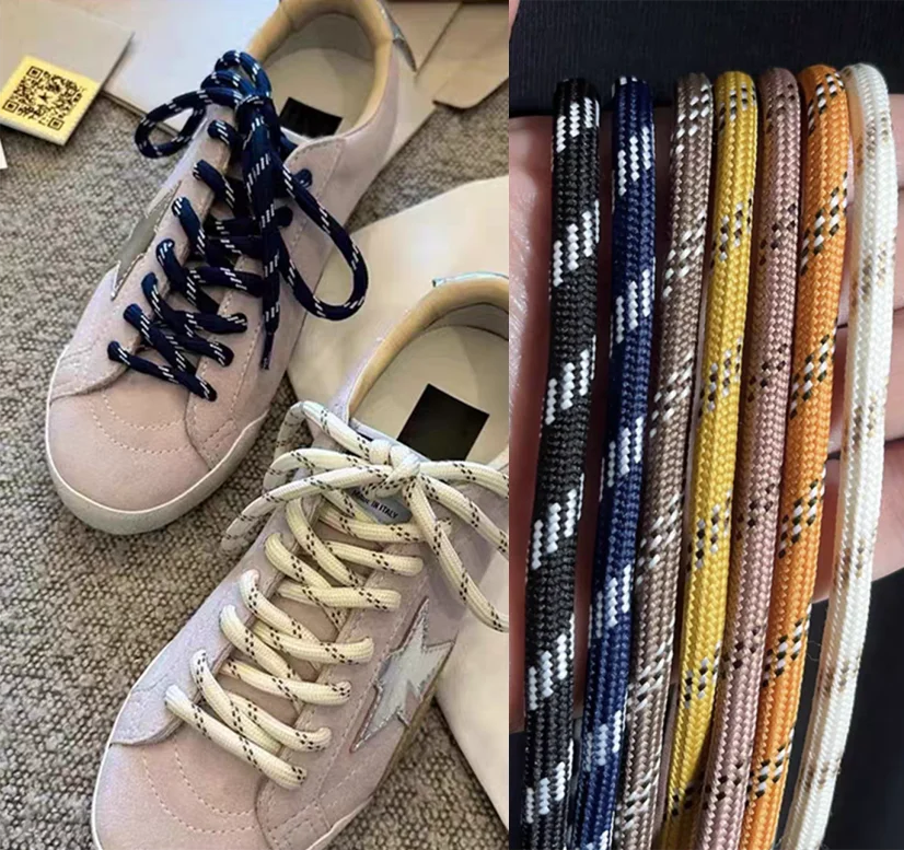Color: Pink, Length: 140cm - Colorful Diagonal Dots Round Rope Shoelaces Coarse Weave Polyester Shoes Laces For Women Men Sports Casual Sneaker DE Tran Shoes