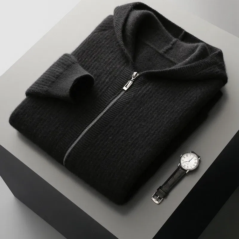 100% Merino Wool Knitted Cardigan For Men Hooded Sweater Casual High-end Jacket Men's long Sleeved Wool Sweater Coat
