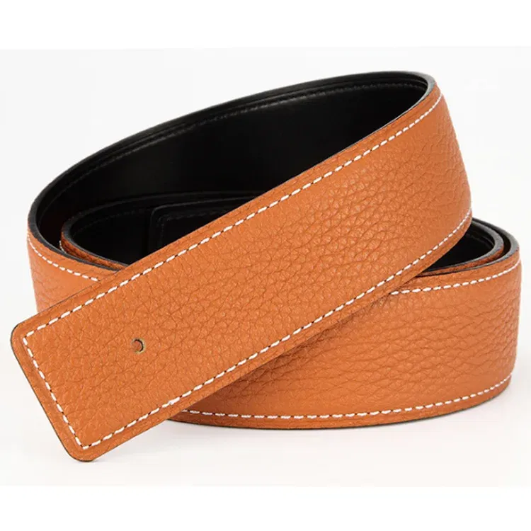 Color: Light Grey, Belt Length: 120cm - 3.1cm No Buckle Belt Brand Belt Men High Quality Male Genuine Real Leather Strap forJeans Litchi grain Belt Cinturones Hombre