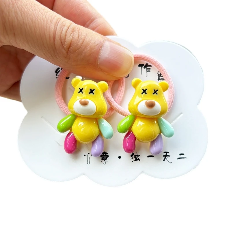 Color: Yellow - 2PCS New Red Cartoon Lovely Cream Bear Girls Kids Elastic Hair Bands Princess Hair Accessories Children Hair Ties Baby Headwear