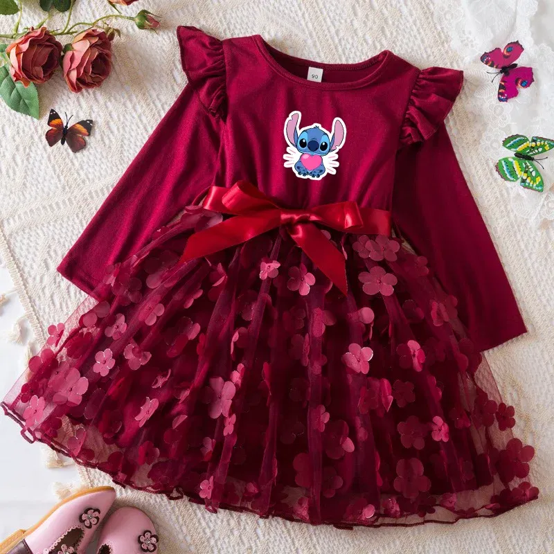 Color: Burgundy, Size: One Size, Height: 158 - Lilo Stitch Girl Baby Dresses Spring Autumn Child Long Sleeve Sweet Princess Dress Mesh Newborn Casual Dress Birthday Party 2-6Y