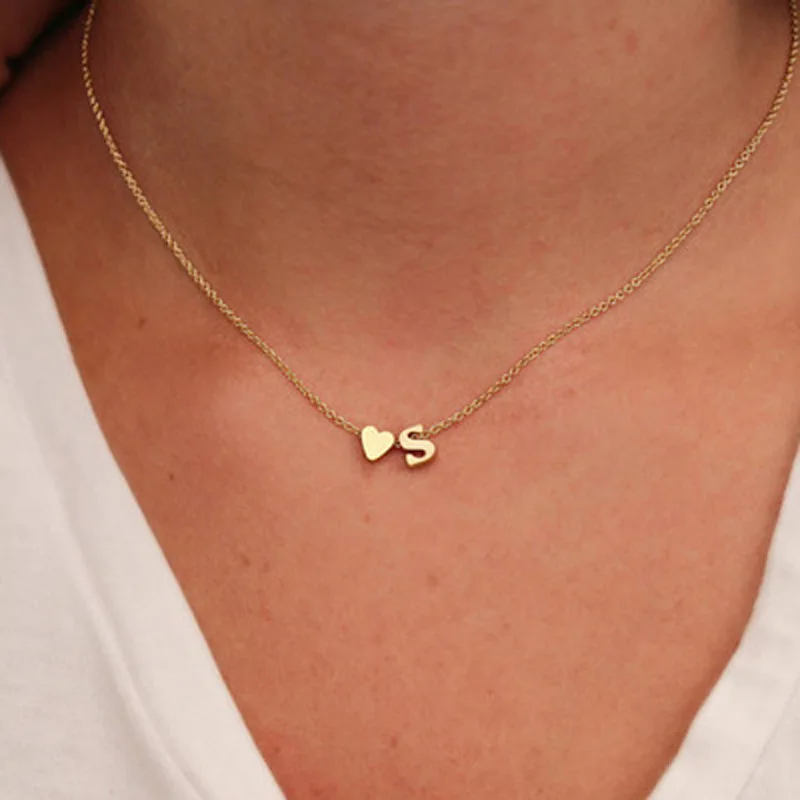 Metal Color: RED-BROWN, Main Stone Color: Gold - Fashion Tiny Heart Dainty Initial Necklace Gold Color Letter Name Choker Necklace For Women Pendant Jewelry Gift