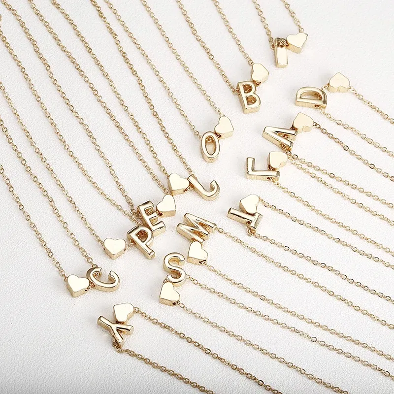 Metal Color: ROSE GOLD COLOR - Fashion Tiny Heart Dainty Initial Necklace With Letter Name Choker Necklace For Women Pendant Jewelry Accessories Gift