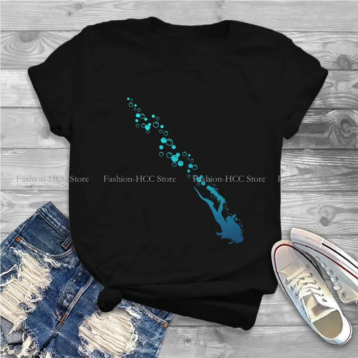 Color: black, Size: XXXL - Blue Diver Hipster Polyester TShirts Dive Scuba Diving Female Harajuku Streetwear T Shirt O Neck
