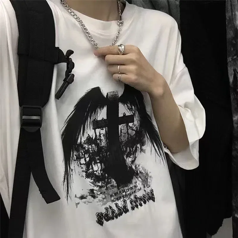 Color: SKY BLUE, Size: XL - Men T-shirts 2023 Summer Streetwear High Street Gothic Skull Tshirt Loose Oversized Short-sleeved T shirt Dark Anime Men Y2k Top
