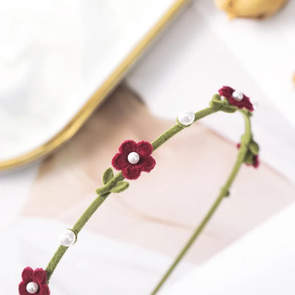 Color: Blue - Flocking Flower Headbands Pearl Hairbands Headdress Hair Hoop Band Hair Accessories for Women Girls Teens
