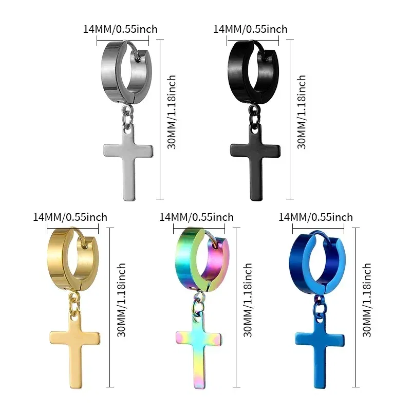 Punk Stainless Steel Cross Pendant Hoop Earrings For Men Women, Huggie Ear Rings Hip Hop Male Jewelry Gift